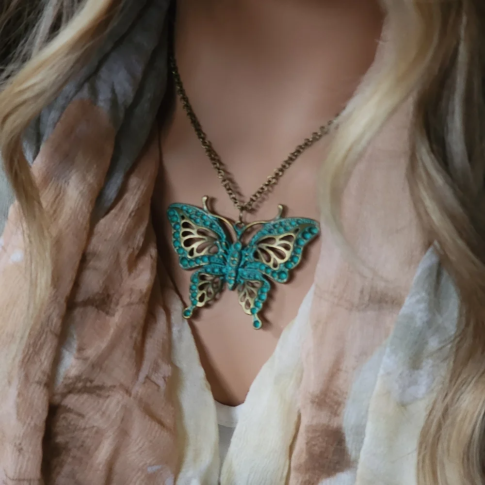 Anthro Insects Jewelry Antique Gold Bronze Butterfly Large Pendant